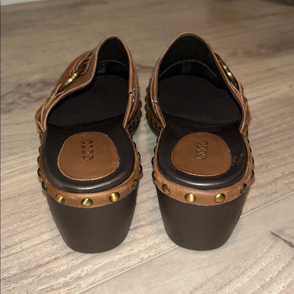 Ecco Leather Studded Slip On Size 6 EU 37 Mules Clogs Chunky Strap Boho Brown - Picture 4 of 8